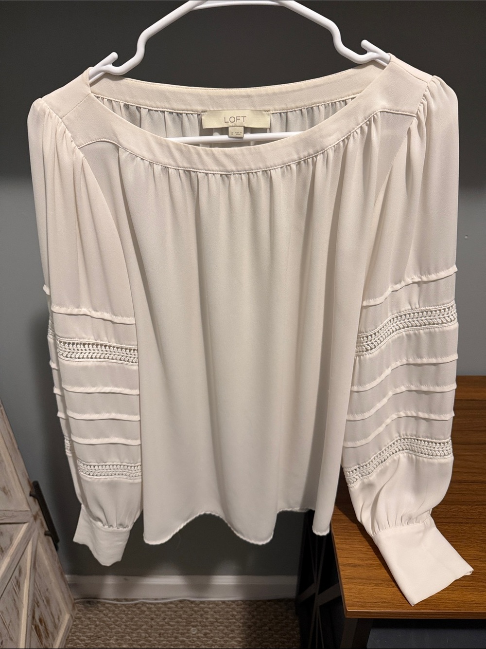 LOFT Cream Crochet-Trim Long Sleeve Blouse